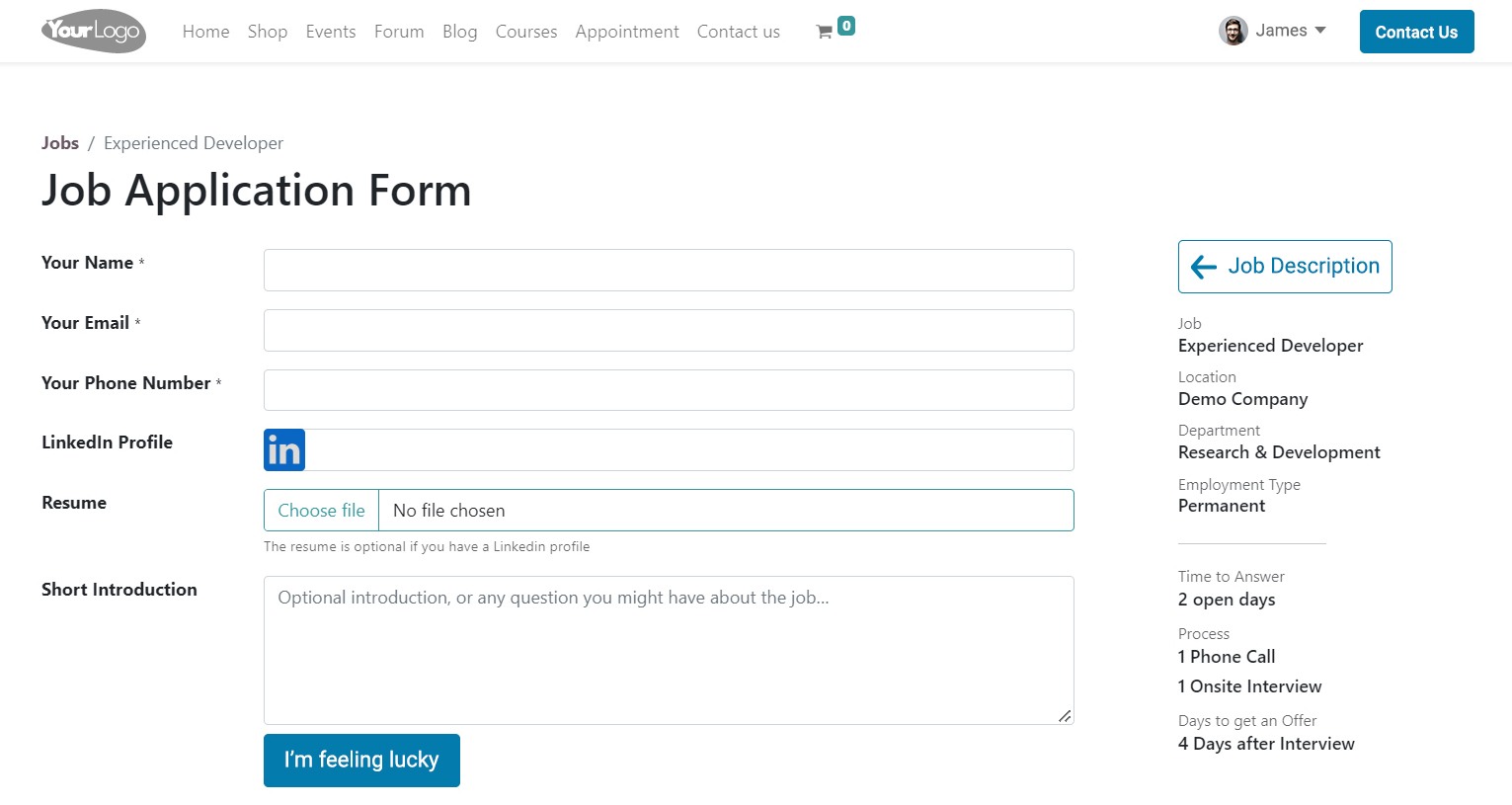 Screenshot of job application form