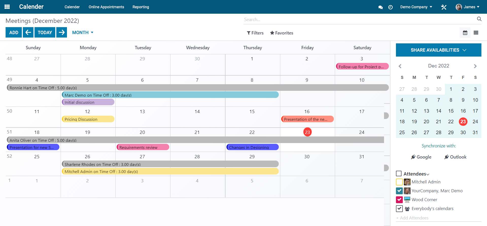 Screenshots of schedule job interviews - calendar view