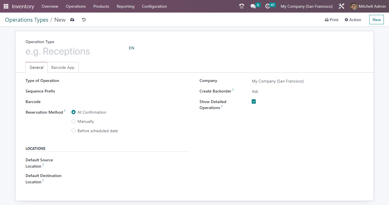 Screenshot of creating new operation type in Odoo inventory