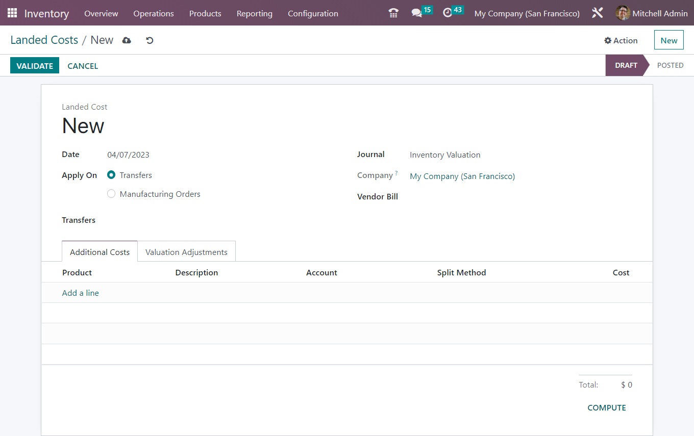 Odoo Inventory - Landed Costs