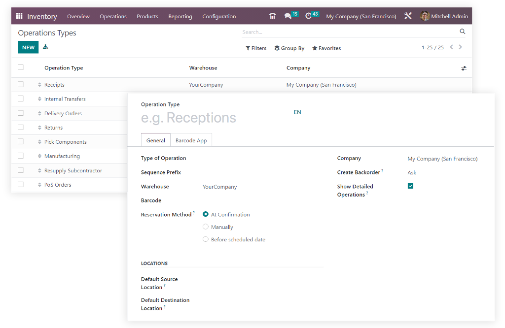 Odoo Inventory - Operation types