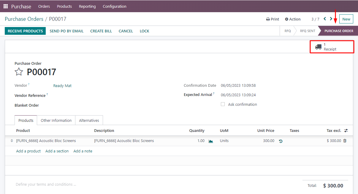 Checking receipt in odoo purchase