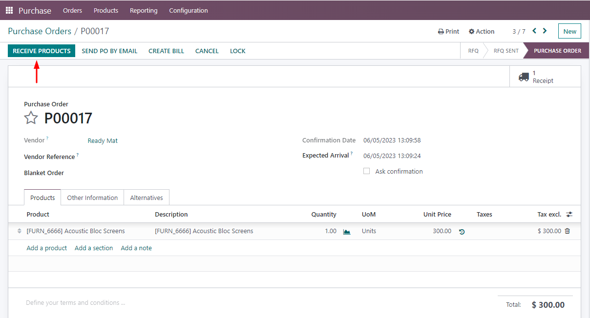 Receiving products in Odoo inventory