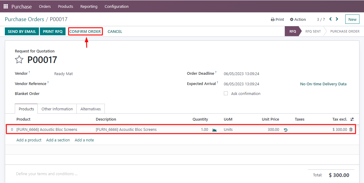 Confirming order in Odoo purchase