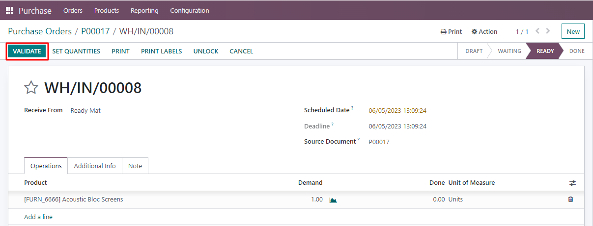 Validating transfer of products in Odoo purchase