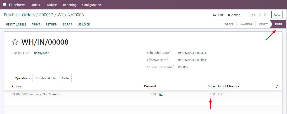 Validate transfer of products in Odoo purchase