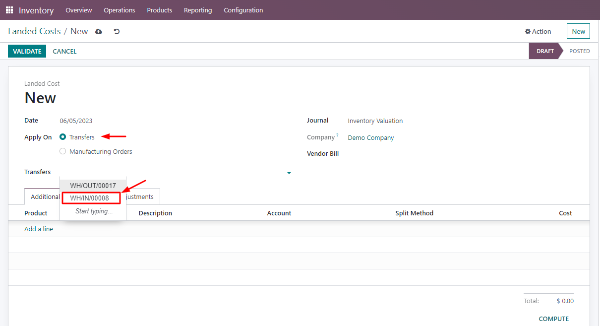 Creating landed cost in Odoo inventory