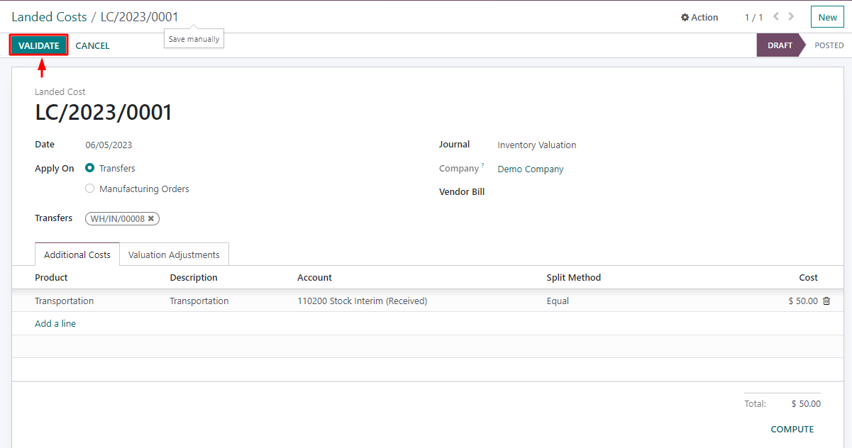 Validate landed cost in Odoo inventory