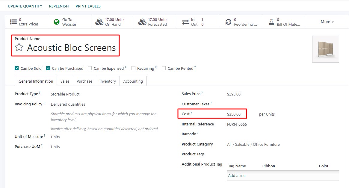 Revised product template with updated cost in Odoo inventory