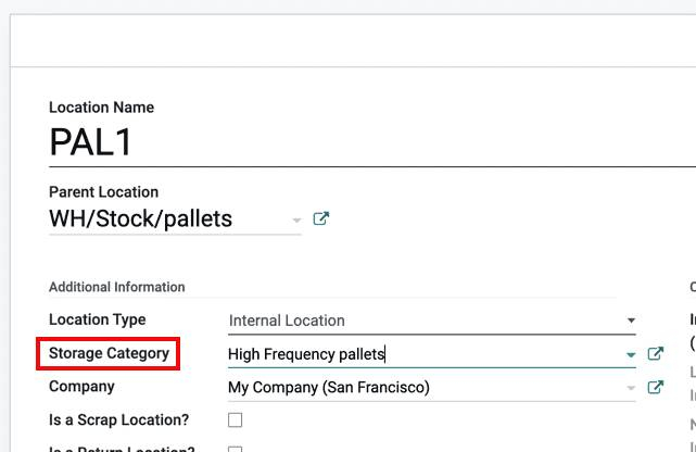 Associate storage categroy with a location in Odoo