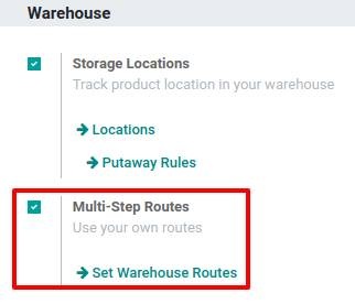 Screenshot of enabling multi-step routes in Odoo inventory module