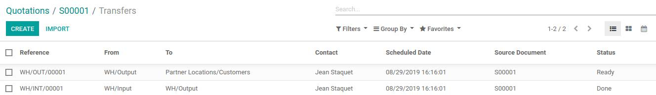 A screenshot of transfers in Odoo inventory module