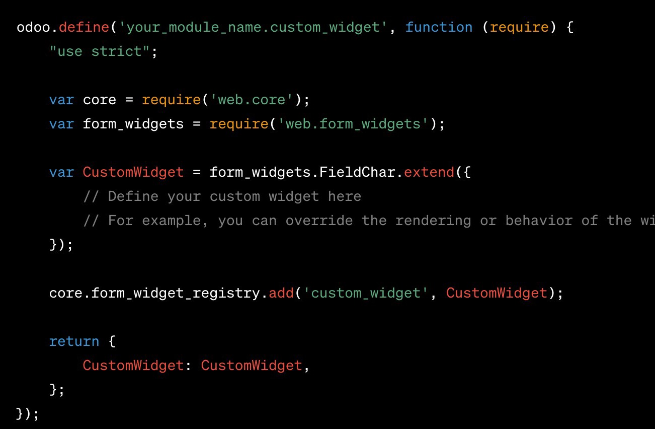 Define the widget in a JavaScript file in Odoo code example