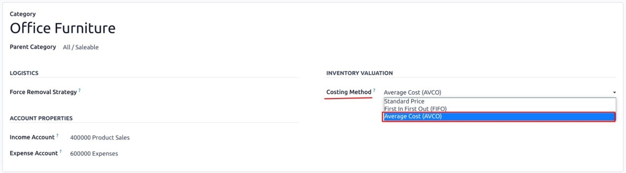 Screenshot of setting up average costing in Odoo