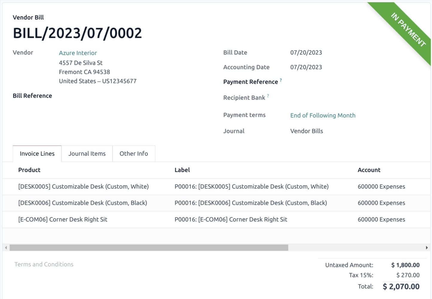 Screenshot of creating and validating the associated bill