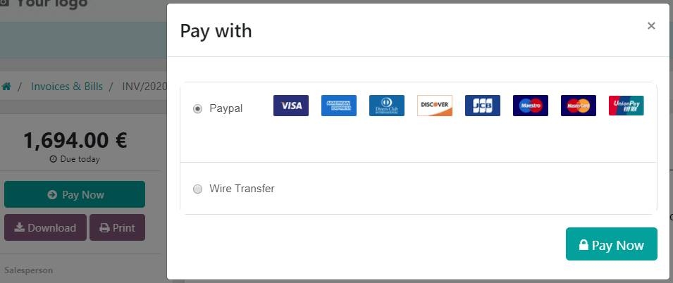 Screenshot of pay with Paypal option