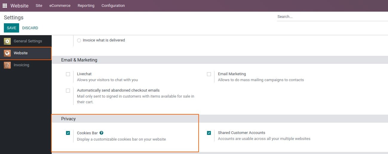 Configure cookie bar in Odoo website module