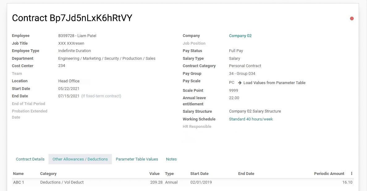 Screenshot of allowances and deductions configuration directly from employment contract