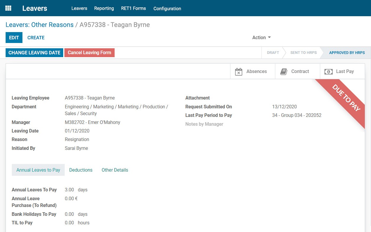 Screenshot of leave encashment calculation feature