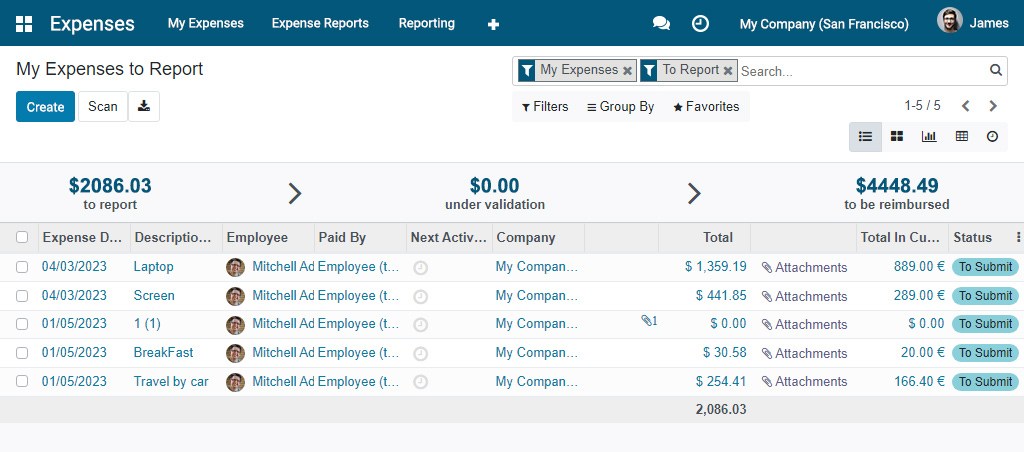 Screenshot of expenses dashboard