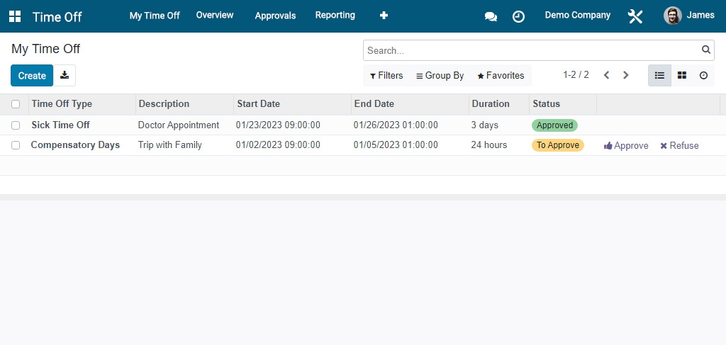 My time off - list view