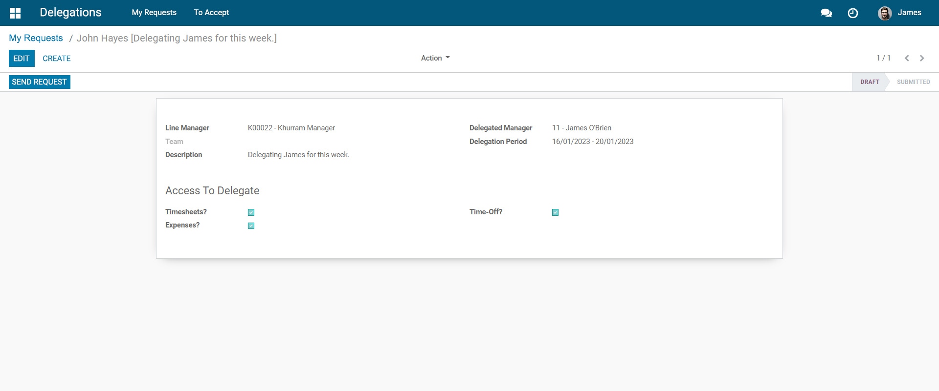 Screenshot of delegation feature