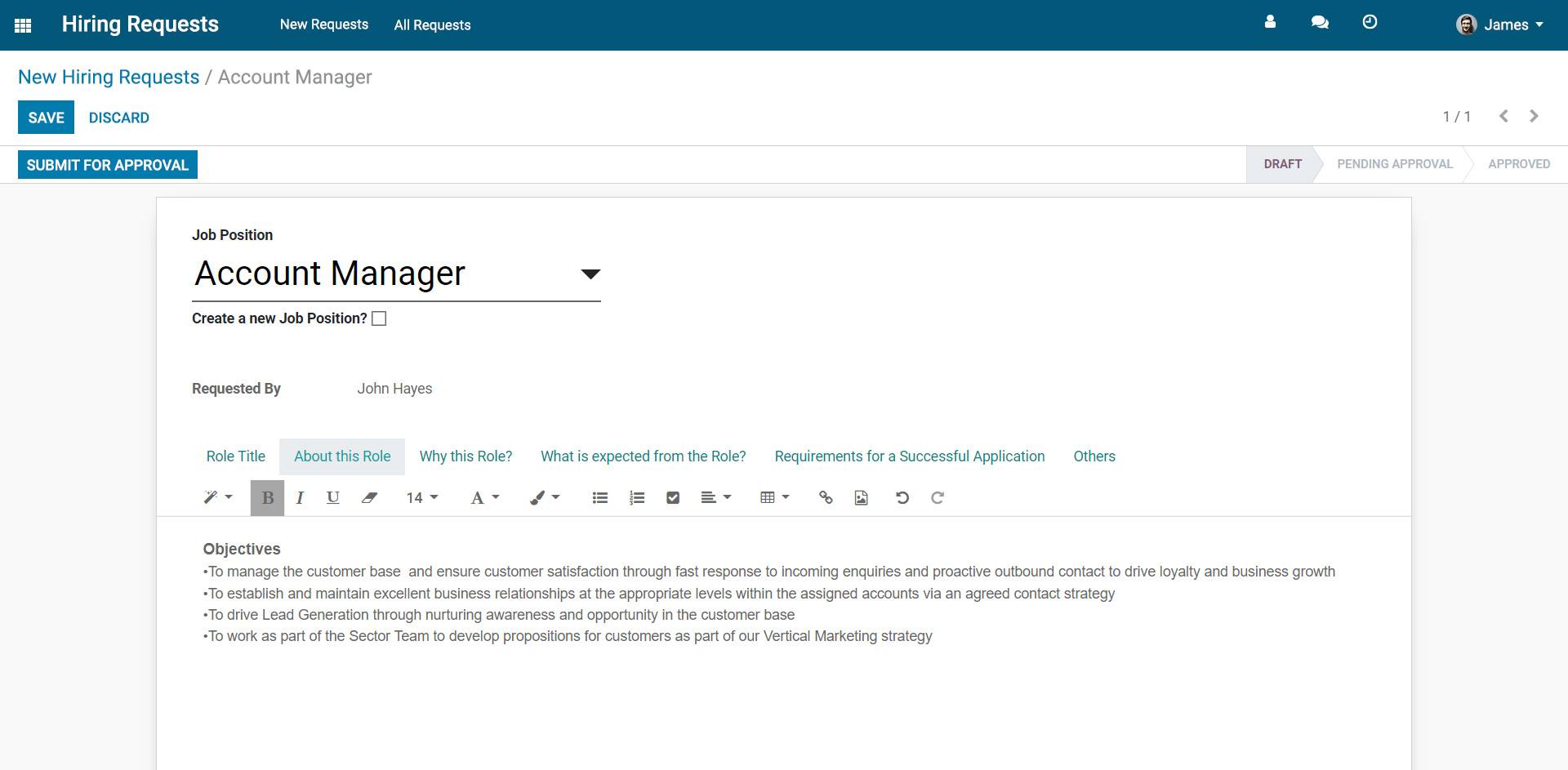 Screenshot of make job requisition feature