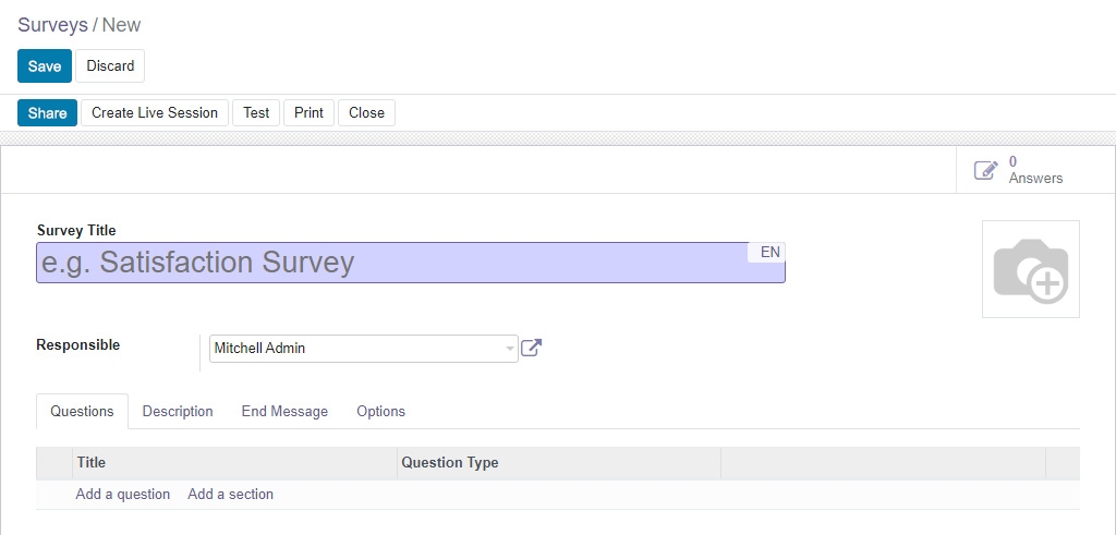 Screenshot of create a new survey window