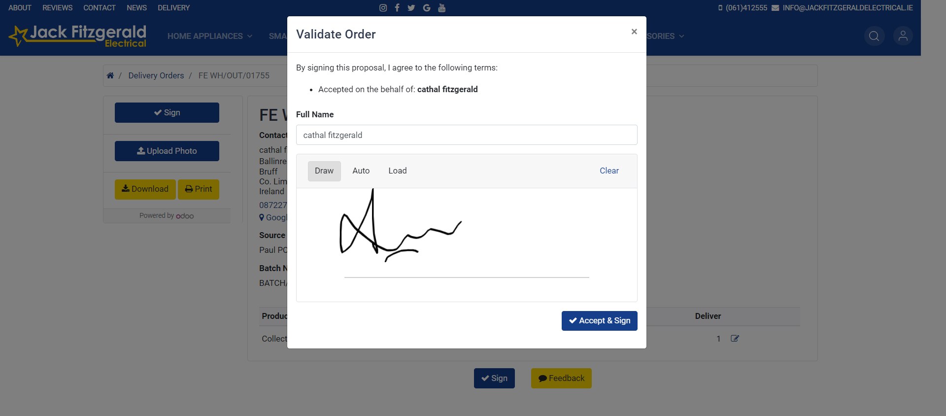 Screenshot of order validation