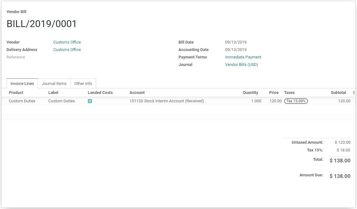 Vendor bill in Odoo