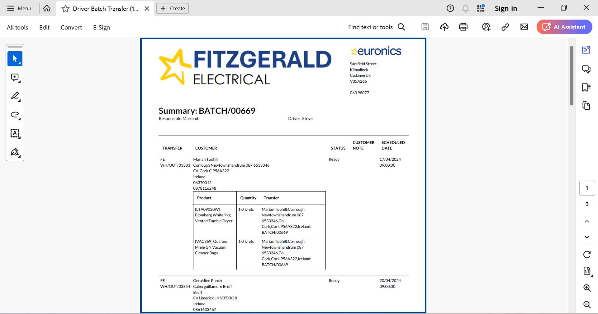 Batch transfer document