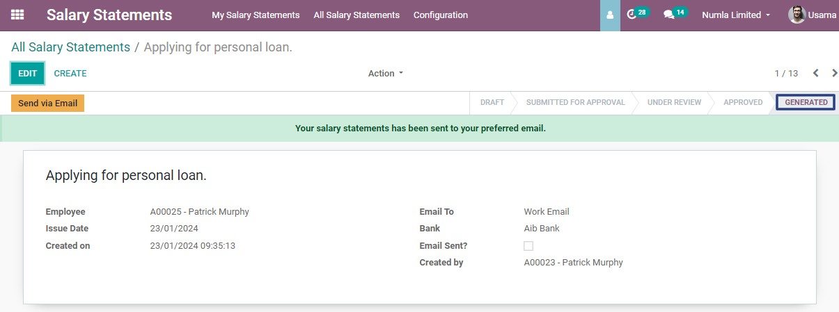 Salary statement sent to employee's email