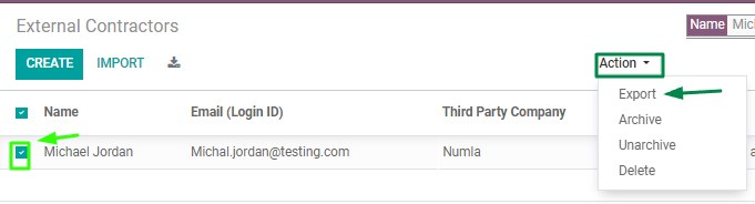 Select the Contractor and navigate to action button and click on export