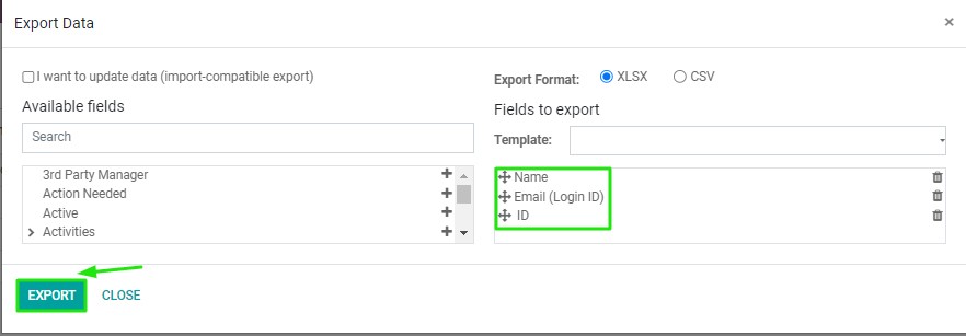 Select Name, email and ID and click on ‘Export’ button