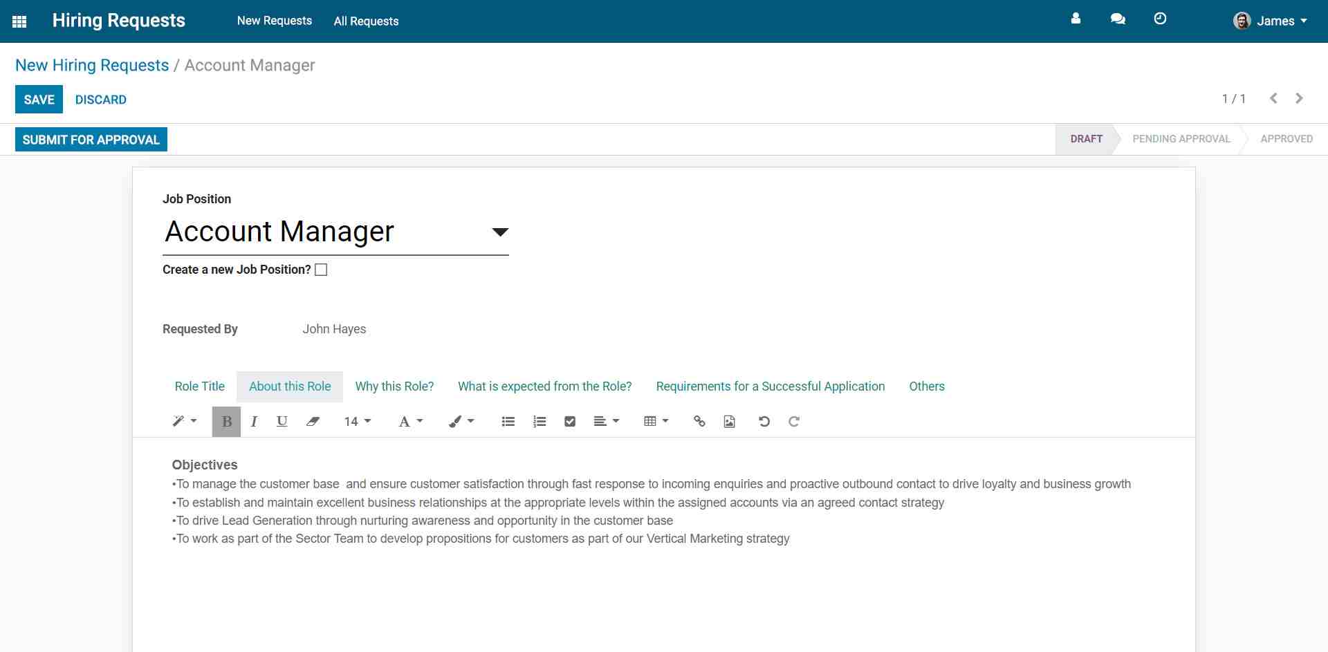 Screenshot of make job requisition feature