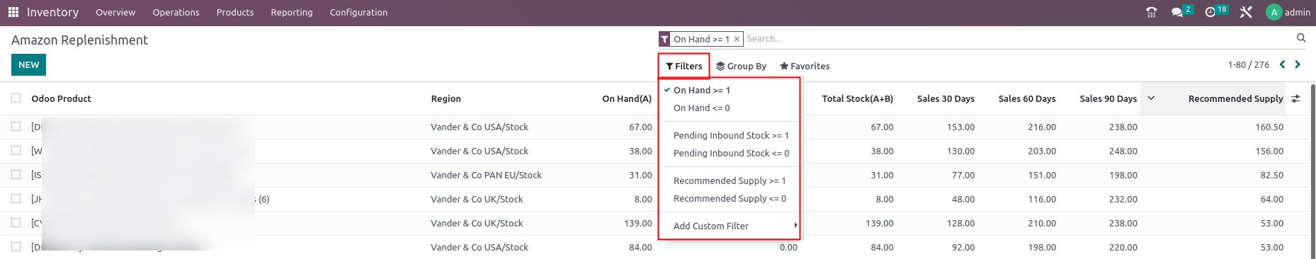 Amazon replenishment report-apply filters