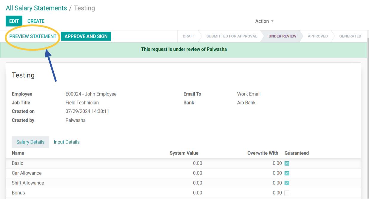 Preview the salary statement