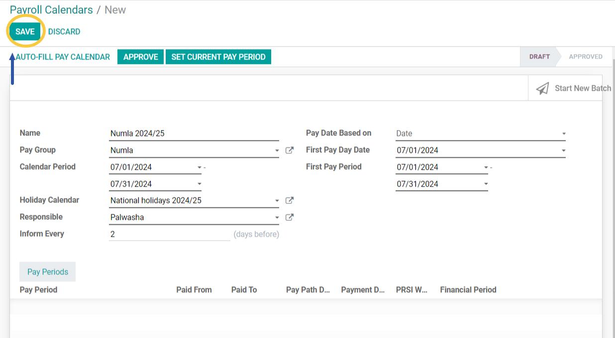 Saving the new payroll calendar